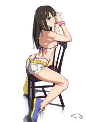 Rule 34 | 10s, 1girl, arms up, ass, bikini, black hair, bracelet, breasts, chair, from side, green eyes, halterneck, highleg, highleg bikini, idolmaster, idolmaster cinderella girls, jewelry, long hair, medium breasts, no socks, parted lips, purple bikini, shibuya rin, shoes, short shorts, shorts, sideboob, signature, simple background, sitting, sitting backwards, sneakers, solo, suna (sandworks), swimsuit, t-back, thighs, thong, thong bikini, whale tail (clothing)