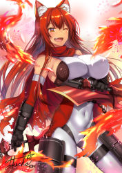 Rule 34 | 1girl, animal ear fluff, animal ears, bare shoulders, belly, black gloves, bodysuit, breasts, cape, chain, collarbone, commentary, commission, covered navel, cowboy shot, detached sleeves, dual wielding, elbow gloves, fire, fishnets, gloves, hair between eyes, highres, holding, holding weapon, large breasts, legs apart, long hair, one eye closed, open mouth, original, red hair, signature, skeb commission, solo, sparkle, takecha, teeth, torn cape, torn clothes, upper teeth only, weapon, white bodysuit