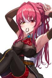 Rule 34 | 1girl, armpits, arms up, ascot, bodysuit, bodysuit under clothes, breasts, cleavage, detached sleeves, fingernails, hair intakes, hair tie in mouth, heterochromia, highres, hololive, houshou marine, houshou marine (marching band), large breasts, long fingernails, long hair, mouth hold, official alternate costume, ponytail, red ascot, red hair, see-through, see-through cleavage, simple background, solo, tight clothes, tying hair, underbust, virtual youtuber, white background, yeogpu (seung832222)
