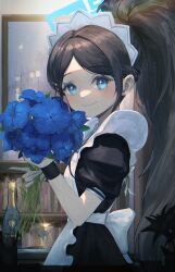 Rule 34 | 1girl, absurdly long hair, absurdres, apron, aris (blue archive), aris (maid) (blue archive), black dress, black hair, blue archive, blue eyes, blue flower, blue halo, blush, bottle, closed mouth, commentary, cup, dress, drinking glass, flower, halo, highres, holding, holding flower, jicha, long hair, looking at viewer, maid, maid apron, maid headdress, puffy short sleeves, puffy sleeves, short sleeves, smile, solo, symbol-only commentary, upper body, very long hair, white apron, wine glass