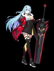 Rule 34 | 1girl, belt, black footwear, black gloves, black skirt, black thighhighs, blue eyes, blue hair, boots, braid, breasts, claymore (sword), closers, collared shirt, fur trim, garter straps, gloves, gradient legwear, hand on own hip, high-waist skirt, highres, jacket, layered sleeves, long hair, long sleeves, looking at viewer, medium breasts, miniskirt, necktie, non-web source, official art, open clothes, open jacket, open mouth, planted, planted sword, planted weapon, red jacket, shirt, short over long sleeves, short sleeves, single garter strap, skirt, sleeveless, sleeveless shirt, solo, sword, thighhighs, v-shaped eyebrows, very long hair, violet (closers), weapon, white shirt, zettai ryouiki