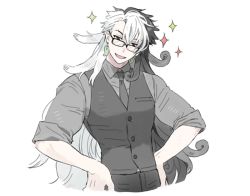 Rule 34 | 1boy, :d, androgynous, ashiya douman (fate), ashiya douman (second ascension) (fate), asymmetrical hair, bishounen, black eyes, black hair, black necktie, black vest, blush, cczyjs, collared shirt, curly hair, earrings, fate/grand order, fate (series), formal, glasses, hair between eyes, hair intakes, hands on own hips, head tilt, jewelry, long hair, magatama, magatama earrings, male focus, multicolored hair, necktie, official alternate costume, open mouth, parted lips, shirt, sleeves rolled up, smile, solo, sparkle, split-color hair, suit, toned, toned male, two-tone hair, upper body, very long hair, vest, white hair