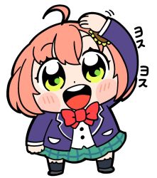 Rule 34 | 1girl, :d, ahoge, animal ear legwear, bkub, black footwear, black thighhighs, blazer, blue jacket, blue skirt, blush, blush stickers, bow, bowtie, buttons, cat ear legwear, chibi, clenched hand, collared shirt, commentary, dot nose, flower, full body, green eyes, hair between eyes, hair flower, hair ornament, hand on own head, honma himawari, jacket, looking at viewer, medium hair, motion lines, nijisanji, open mouth, orange hair, plaid, plaid skirt, red bow, red bowtie, school uniform, shirt, shoes, simple background, skirt, smile, solo, sparkling eyes, standing, sunflower, sunflower hair ornament, teeth, thighhighs, translation request, upper teeth only, virtual youtuber, white background, wing collar