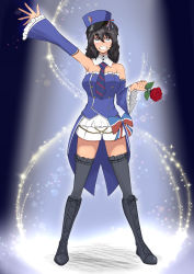 Rule 34 | 1girl, absurdres, andou (girls und panzer), arm up, bc freedom (emblem), black footwear, black hair, black thighhighs, blouse, blue bow, blue hat, blue necktie, blue shirt, blue sleeves, boots, bow, brown eyes, coattails, commentary request, cross-laced footwear, dark-skinned female, dark skin, detached collar, detached sleeves, diagonal stripes, emblem, flower, french commentary, frilled sleeves, frilled thighhighs, frills, full body, girls und panzer, girls und panzer senshadou daisakusen!, grin, hat, high collar, highres, holding, holding flower, idol, kepi, knee boots, lace-up boots, looking at viewer, medium hair, messy hair, military hat, necktie, official alternate costume, open mouth, partial commentary, red bow, red flower, red necktie, red rose, rose, shibainutank, shirt, short shorts, shorts, smile, solo, sparkle, standing, strapless, strapless shirt, striped necktie, striped neckwear, thighhighs, white shorts