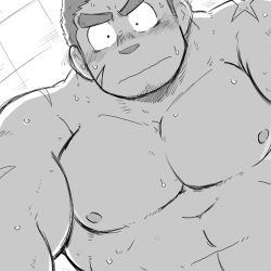 Rule 34 | 1boy, abs, bara, beard, blush, facial hair, flustered, greyscale, large pectorals, looking at viewer, male focus, monochrome, muscular, nipples, pectorals, pov, saruhiko (mtmnkmn), scar, short hair, solo, tamamura gunzo, thick eyebrows, tokyo houkago summoners, topless male, upper body