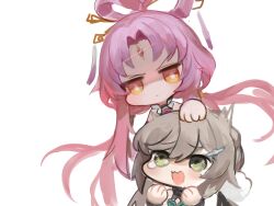 Rule 34 | 2girls, bare shoulders, chibi, closed mouth, commentary request, dokomon, floating hair, forehead jewel, fu xuan (honkai: star rail), green eyes, grey hair, hair between eyes, hair ornament, hair rings, hairclip, hand on another&#039;s head, hands up, highres, honkai: star rail, honkai (series), korean commentary, long hair, low twintails, multiple girls, orange eyes, parted bangs, pink hair, qingque (honkai: star rail), simple background, twintails, v-shaped eyebrows, very long hair, white background