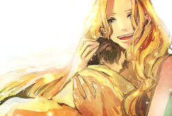 Rule 34 | 1boy, 1girl, age difference, baby, bad id, bad pixiv id, black hair, blonde hair, blue eyes, face, family, freckles, happy, holding, hug, long hair, looking at viewer, mother and child, mother and son, one piece, pipay, portgas d. ace, portgas d. rouge, sleeping, smile, white background