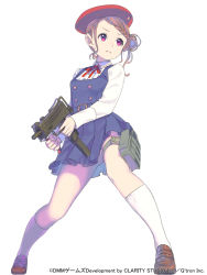 Rule 34 | 1girl, belt, beret, braid, breasts, brown hair, buttons, collared shirt, company name, dress, enkyo yuuichirou, french braid, frown, full body, gun, hair bun, hat, holding, holding weapon, holster, izumi momoka, kneehighs, legs apart, loafers, long sleeves, looking to the side, mac-10/11, machine pistol, neck ribbon, official art, pouch, purple eyes, red hat, ribbon, school uniform, serious, shirt, shoes, shooting girl, short dress, short hair, side bun, simple background, single side bun, small breasts, socks, solo, standing, submachine gun, sweatdrop, thigh holster, thigh pouch, thigh strap, weapon, white background, white socks