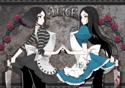 alice:_madness_returns alice_(alice_in_wonderland) alice_liddell_(american_mcgee&#039;s_alice) american_mcgee&#039;s_alice apron black_hair blood bloody_knife closed_mouth date_naoto dress green_eyes highres holding holding_knife jewelry jupiter_symbol knife lips long_hair necklace pantyhose striped_clothes weapon