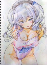 Rule 34 | 10s, 1girl, beret, blush, breasts, cleavage, covered erect nipples, hat, highleg, highres, kantai collection, kashima (kancolle), kiyama satoshi, large breasts, looking at viewer, open mouth, plastic bag swimsuit, grey eyes, silver hair, solo, sweat, tears, traditional media, twintails