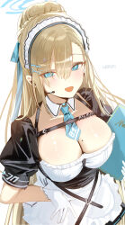 Rule 34 | 1girl, apron, aqua eyes, aqua necktie, artist name, asuna (blue archive), black dress, blue archive, blush, breasts, chest harness, detached collar, dress, gloves, hair between eyes, hair over one eye, halo, harness, haruri, headset, highres, large breasts, light brown hair, long hair, looking at viewer, maid, maid apron, maid headdress, mole, mole on breast, necktie, puffy short sleeves, puffy sleeves, short necktie, short sleeves, simple background, smile, solo, very long hair, white apron, white background, white gloves
