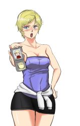 Rule 34 | 1girl, badge, bare shoulders, blonde hair, blue eyes, blush, breasts, cleavage, cosplay, cowboy shot, hand on own hip, jill valentine, jill valentine (cosplay), looking at viewer, open mouth, resident evil, resident evil 2, resident evil 6, sherry birkin, shiny skin, short hair, simple background, skindentation, skirt, solo, standing, strapless, thighs, tube top, white background