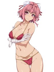 Rule 34 | 1girl, ahoge, arms under breasts, bandaged arm, bandages, bikini, blush, breasts, cleavage, closed mouth, collarbone, commentary request, covered erect nipples, cowboy shot, double bun, eyelashes, gluteal fold, groin, hair bun, highres, ibaraki kasen, large breasts, looking at viewer, medium hair, navel, ootsuki wataru, pink eyes, pink hair, red bikini, shiny skin, simple background, solo, stomach, string bikini, sweatdrop, swimsuit, thighs, touhou, transparent background, twitter username