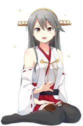 Rule 34 | 10s, 1girl, bare shoulders, black hair, brown eyes, detached sleeves, hair ornament, hairband, hairclip, haruna (kancolle), japanese clothes, kantai collection, long hair, nontraditional miko, open mouth, ribbon-trimmed sleeves, ribbon trim, sitting, skirt, smile, solo, sui (tsuruhibiki), thighhighs