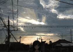 Rule 34 | 1girl, absurdres, black eyes, black hair, blush, closed mouth, cloud, cloudy sky, dawn, dot nose, expressionless, faux traditional media, hair between eyes, highres, house, light rays, long hair, looking at viewer, original, outdoors, power lines, scenery, shirt, sidelocks, sky, solo, straight-on, straight hair, sunrise, uniunimikan, utility pole, white shirt