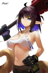 Rule 34 | 1girl, absurdres, ahoge, arknights, bare arms, bare shoulders, black gloves, black hair, blue eyes, blue hair, breasts, camisole, collarbone, commentary request, eunectes (arknights), eunectes (forgemaster) (arknights), firstw1, gloves, hand up, highres, holding, large breasts, looking at viewer, midriff, multicolored hair, navel, official alternate costume, pointy ears, short hair, simple background, solo, spaghetti strap, stomach, underboob, upper body, white background