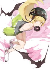 Rule 34 | 1girl, absurdres, alternate costume, animal, bare legs, bat (animal), blonde hair, breasts, doughnut, dress, food, goggles, goggles on head, green jacket, helmet, highres, jacket, long hair, long sleeves, looking at viewer, monogatari (series), mouth hold, oshin0 (zheng), oshino shinobu, pointy ears, shoes, simple background, small breasts, solo, spaghetti strap, strap slip, white background, white dress, white footwear, yellow eyes