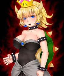 Rule 34 | 1girl, bare shoulders, blonde hair, blue eyes, bowsette, breasts, cleavage, collar, crown, dress, earrings, female focus, horns, jewelry, large breasts, mario (series), new super mario bros. u deluxe, nintendo, open mouth, ponytail, solo, spiked collar, spikes, super crown, unya (raijin)