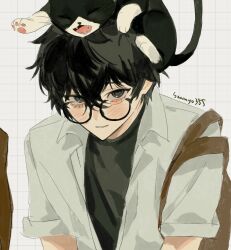 Rule 34 | 1boy, :d, amamiya ren, animal, animal on head, artist name, bag, black-framed eyewear, black eyes, black hair, blush, cat, cat on head, collared shirt, glasses, grid background, grin, hair between eyes, long sleeves, looking at viewer, male focus, morgana (persona 5), on head, open clothes, open mouth, open shirt, persona, persona 5, saamyo355, shirt, short hair, sidelocks, simple background, sleeves rolled up, smile, solo, teeth, tote bag, upper body, white background, white shirt