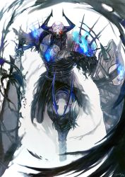 Rule 34 | 1boy, armor, black cloak, blue fire, cloak, fake horns, fate/grand order, fate (series), fire, full body, glowing, glowing eyes, highres, horned headwear, horns, king hassan (fate), looking at viewer, makitoyuito, male focus, mask, shield, skull, skull mask, solo, spikes, weapon