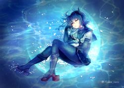Rule 34 | 10s, 1girl, anchor symbol, bad id, bad pixiv id, blue gloves, blue hair, blue necktie, blue pantyhose, blue skirt, blue theme, blush, circle, cis (carcharias), corset, empty eyes, eyebrows, full body, gloves, hair between eyes, hairband, hatsuzuki (kancolle), highres, kantai collection, lying, miniskirt, necktie, on side, pantyhose, parted lips, petals, pleated skirt, pointy hair, puffy short sleeves, puffy sleeves, rudder footwear, school uniform, serafuku, shoes, short sleeves, skirt, solo, twitter username, water, yellow eyes