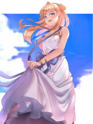 Rule 34 | 1boy, aither (epic seven), blonde hair, blue bow, blue eyes, blue neckwear, bow, bracelet, character name, copyright name, crown, day, dress, epic seven, hair bun, highres, jewelry, long hair, male focus, outdoors, prince aither, single hair bun, skirt hold, solo, somray, standing, trap, white dress