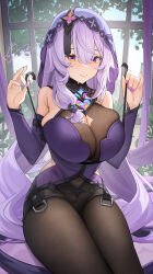 Rule 34 | 1girl, bare shoulders, black pantyhose, black swan (honkai: star rail), blush, breasts, catsmoon, cleavage, closed mouth, day, hands up, highres, honkai: star rail, honkai (series), large breasts, long hair, looking at viewer, nail polish, pantyhose, purple hair, purple headwear, purple nails, signature, sitting, smile, solo, strap pull, thighs, window, yellow eyes