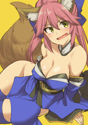 Rule 34 | 10s, 1girl, :d, animal ears, bare shoulders, blue thighhighs, breasts, cleavage, curvy, detached collar, detached sleeves, fate/extra, fate (series), fox ears, fox tail, hair ribbon, hand rest, highres, japanese clothes, kimono, kosuke haruhito, large breasts, long hair, looking at viewer, no panties, open mouth, purple hair, ribbon, smile, solo, tail, tamamo (fate), tamamo no mae (fate/extra), thighhighs, wide hips, yellow eyes