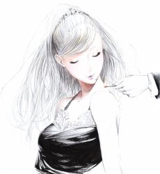 Rule 34 | 1girl, bare shoulders, cigarette, closed eyes, dress, eyelashes, formal, lips, long hair, matches, simple background, smile, smoking, sousou (sousouworks), tiara, watch, white background, white hair, wristwatch