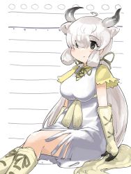Rule 34 | 1girl, absurdres, black gloves, boots, brown eyes, brown ribbon, collared shirt, commentary request, dress, extra ears, frilled dress, frilled sleeves, frills, gloves, hair over one eye, highres, iwa (iwafish), kemono friends, knee boots, long dress, long hair, neck ribbon, ox ears, ox girl, ox horns, ribbon, shirt, short sleeves, solo, t-shirt, tail, twintails, two-tone gloves, white dress, white footwear, white gloves, white hair, yak (kemono friends), yellow shirt