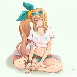 Rule 34 | 1girl, barefoot, belt, bikini, blonde hair, bow, breasts, cleavage, crossed legs, dragalia lost, elisanne, eyewear on head, flower, full body, gurugurere, hair bow, hair flower, hair ornament, large breasts, long hair, looking at viewer, medium breasts, midriff, navel, official alternate costume, parted lips, purple eyes, see-through, see-through shirt, shirt, side ponytail, sitting, solo, sunglasses, swimsuit, tied shirt, very long hair, wet, wet clothes, wet shirt, white background, white shirt