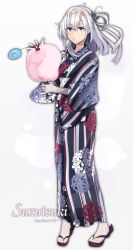 Rule 34 | 1girl, absurdres, alternate costume, bodysuit, clothes writing, cotton candy, full body, grey eyes, hachimaki, headband, highres, himeyamato, japanese clothes, kantai collection, kimono, long hair, multicolored clothes, multicolored kimono, obi, one side up, print kimono, sandals, sash, silver hair, solo, standing, striped clothes, striped kimono, suzutsuki (kancolle), white bodysuit, yukata
