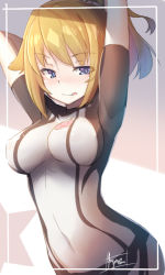 Rule 34 | 10s, 1girl, arms behind head, blue eyes, blush, bodysuit, border, breasts, brown hair, come hither, covered erect nipples, covered navel, cowboy shot, gundam, gundam build fighters, gundam build fighters try, hoshino fumina, large breasts, licking lips, short hair, short sleeves, signature, smile, solo, star (symbol), tilt-shift (azalanz), tongue, tongue out, translucent hair