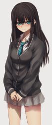 Rule 34 | 1girl, blue necktie, blush, closed mouth, collared shirt, cowboy shot, green eyes, grey jacket, highres, hoshi san 3, idolmaster, idolmaster cinderella girls, jacket, long hair, long sleeves, looking at viewer, miniskirt, necktie, own hands together, pleated skirt, shibuya rin, shirt, simple background, skirt, smile, solo, standing, striped necktie, striped neckwear, v arms, white background, white shirt, wing collar