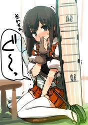 Rule 34 | 10s, akagi (kancolle), brown eyes, brown hair, hota, japanese clothes, kantai collection, long hair, muneate, personification, pleated skirt, skirt, solo, thighhighs, white thighhighs, zettai ryouiki