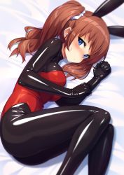 Rule 34 | 1girl, animal ears, black bodysuit, blue eyes, blush, bodysuit, bodysuit under clothes, brown hair, commentary request, fake animal ears, feet out of frame, fetal position, highres, latex, latex bodysuit, leotard, looking at viewer, lying, on side, original, playboy bunny, purinpu, rabbit ears, shiny clothes, skin tight, solo, sweatdrop, twintails