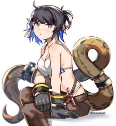 Rule 34 | 1girl, arknights, arm support, bare arms, bare shoulders, belt, black gloves, black hair, blue eyes, blue hair, brown pants, closed mouth, colored inner hair, commentary, crop top, eunectes (arknights), eunectes (forgemaster) (arknights), from side, frown, gloves, graysheartart, highres, looking at viewer, looking to the side, multicolored hair, official alternate costume, pants, pointy ears, ponytail, short hair, simple background, sitting, snake tail, solo, tail, tank top, twitter username, white background, white tank top