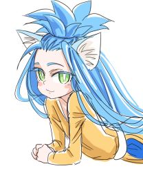 Rule 34 | 1girl, :3, animal ears, big hair, blue hair, blush stickers, cat ears, cat girl, chrono trigger, colored eyelashes, dress, green eyes, long hair, looking at viewer, queen zeal, s-a-murai, simple background, smile, solo, white background, aged down
