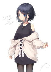 Rule 34 | 1girl, absurdres, bare shoulders, black dress, black hair, black pantyhose, blue eyes, blush, breasts, closed mouth, clothing cutout, commentary request, dress, hair ornament, hairclip, highres, jacket, long sleeves, looking at viewer, mayogii, off shoulder, original, pantyhose, puffy long sleeves, puffy sleeves, short dress, short hair, shoulder cutout, signature, simple background, sleeves past wrists, small breasts, smile, solo, translation request, white background, white jacket