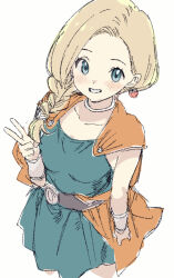 Rule 34 | 1girl, bianca (dq5), blonde hair, blue eyes, blush, braid, breasts, cape, dragon quest, dragon quest v, earrings, gorirago, hair over shoulder, highres, jewelry, looking at viewer, medium breasts, neck ring, orange cape, simple background, single braid, solo, v, white background