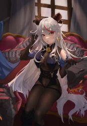 Rule 34 | 1300dudekafeibei, 1girl, absurdres, aegir (azur lane), asymmetrical footwear, azur lane, black gloves, bodystocking, boots, breast curtains, breasts, commentary, cross, cross-laced clothes, cross earrings, demon horns, earrings, elbow gloves, english commentary, gloves, hair on horn, highres, horns, indoors, jewelry, knee boots, large breasts, long hair, multicolored hair, pillow, red hair, sideways glance, single knee boot, sitting, solo, streaked hair, torn bodystocking, torn clothes, two-tone hair, uneven footwear, very long hair, white hair, window, yellow eyes