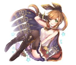 Rule 34 | 10s, 1girl, bad id, bad pixiv id, between legs, black gloves, black thighhighs, book, bracelet, brown hair, clarisse (granblue fantasy), gloves, granblue fantasy, green eyes, hair ornament, hand between legs, highres, jewelry, kaenuco, long hair, looking at viewer, one eye closed, open mouth, pleated skirt, shirt, simple background, skirt, solo, star (symbol), thighhighs, w, white background, white shirt