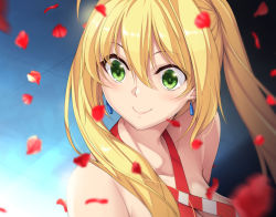 Rule 34 | 1girl, ahoge, bikini, blonde hair, breasts, collarbone, commentary request, criss-cross halter, derivative work, earrings, fate/grand order, fate (series), green eyes, hair between eyes, halterneck, jewelry, looking to the side, meme, nakano sora, nero claudius (fate), nero claudius (fate) (all), nero claudius (swimsuit caster) (fate), petals, rose petals, sailor moon redraw challenge (meme), smile, solo, striped bikini, striped clothes, swimsuit, twintails
