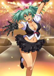 Rule 34 | 1girl, bare legs, breasts, curvy, female focus, green eyes, green hair, ikkitousen, large breasts, looking at viewer, ryofu housen, shiny skin, skirt, smile, twintails