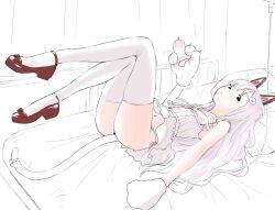 Rule 34 | 1girl, animal hands, ass, black eyes, bow, cat paws, claws, dress, dress shoes, expressionless, footwear ribbon, ftktan, full body, gloves, hair ornament, legs up, looking at viewer, lying, mechanical ears, namahoshi-chan, navel, on back, on bed, panties, panty peek, paw gloves, pillow, pink hair, shinsougumi, solo, string panties, tail, tail bow, tail ornament, thighhighs, underwear, virtual youtuber, white bow, white dress, white panties, white theme, white thighhighs