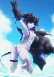 Rule 34 | 1girl, abyssal ship, armpits, ass, barefoot, black hair, blue sky, blush, breasts, cloud, cloudy sky, colored skin, feet, horns, kantai collection, light cruiser princess, long hair, looking at viewer, mask, mochitsuki (mo chooon), ocean, one-piece swimsuit, open mouth, outdoors, school swimsuit, single horn, skindentation, sky, small breasts, smile, solo, swimsuit, thigh strap, turret, weapon, wet, wet clothes, white one-piece swimsuit, white school swimsuit, white skin