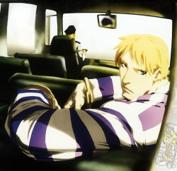 Rule 34 | blonde hair, bus, capcom, cody travers, cuffs, final fight, handcuffs, highres, motor vehicle, prison stripes, street fighter, vehicle