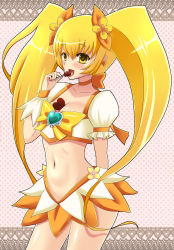 Rule 34 | 10s, 1girl, between breasts, blonde hair, bow, breasts, brooch, brown background, candy, chocolate, chocolate heart, cure sunshine, food, heart, heart brooch, heartcatch precure!, highres, long hair, magical girl, myoudouin itsuki, navel, orange bow, orange skirt, precure, rari, skirt, solo, twintails, wrist cuffs, yellow bow, yellow eyes