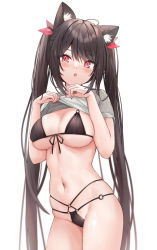 Rule 34 | 1girl, :o, ahoge, animal ear fluff, animal ears, bikini, black bikini, black hair, breasts, cleavage, clothes lift, commentary request, fang, front-tie bikini top, front-tie top, grey shirt, groin, hair between eyes, hair ribbon, highres, large breasts, lifted by self, long hair, looking at viewer, multi-strapped bikini, navel, o-ring, o-ring bikini, o-ring bottom, o-ring top, original, parted lips, red eyes, red ribbon, ribbon, saeki sora, shirt, shirt lift, simple background, solo, swimsuit, twintails, very long hair, white background