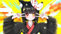 Rule 34 | 1girl, absurdres, animal ears, black hair, blunt bangs, blush, cat ears, double v, emotional engine - full drive, emphasis lines, fox mask, hands up, heterochromia, highres, kuchinashi (not on shana), long sleeves, looking at viewer, mask, mask on head, multicolored background, not on shana, original, parody, short hair, solo, sparkle, star (symbol), upper body, v, wide sleeves
